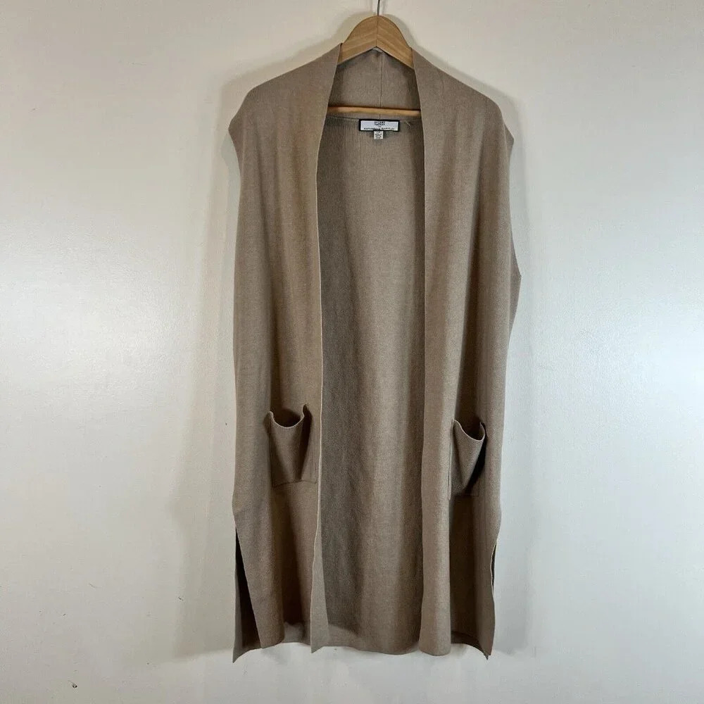 Hilary Radley for Katherine Barclay Tan Midi Open Sleeveless Cardigan L